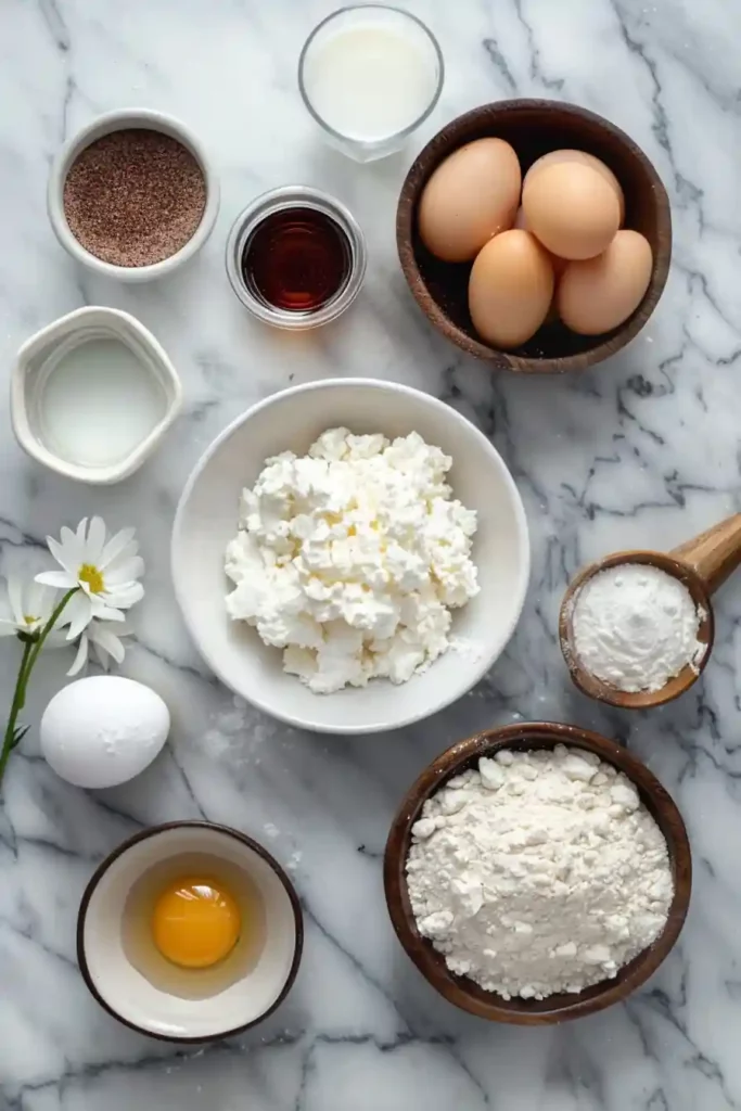 3 Ingredient Cottage Cheese Waffles for a Quick, Protein-Packed Breakfast 8 Ingredients for 3 ingredient cottage cheese waffles on marble background
