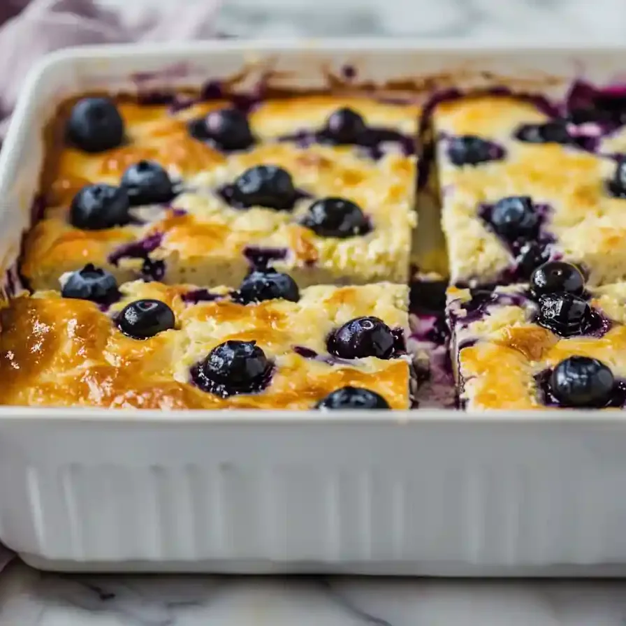 Blueberry cottage cheese breakfast bake in white ceramic dish