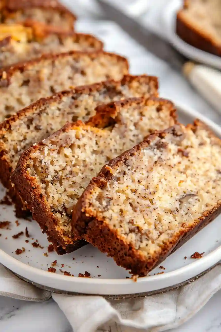 Slices of Cottage Cheese Banana Bread stacked on rustic ceramic plate