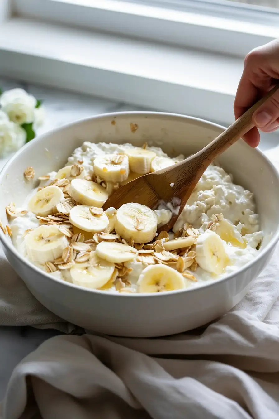 Mixing banana slices, oats, and cottage cheese