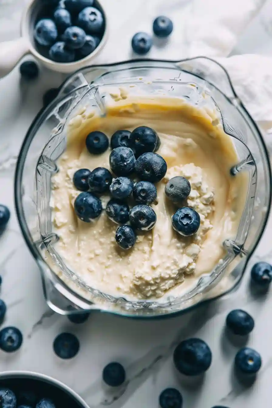 Cottage cheese and blueberries in a blender
