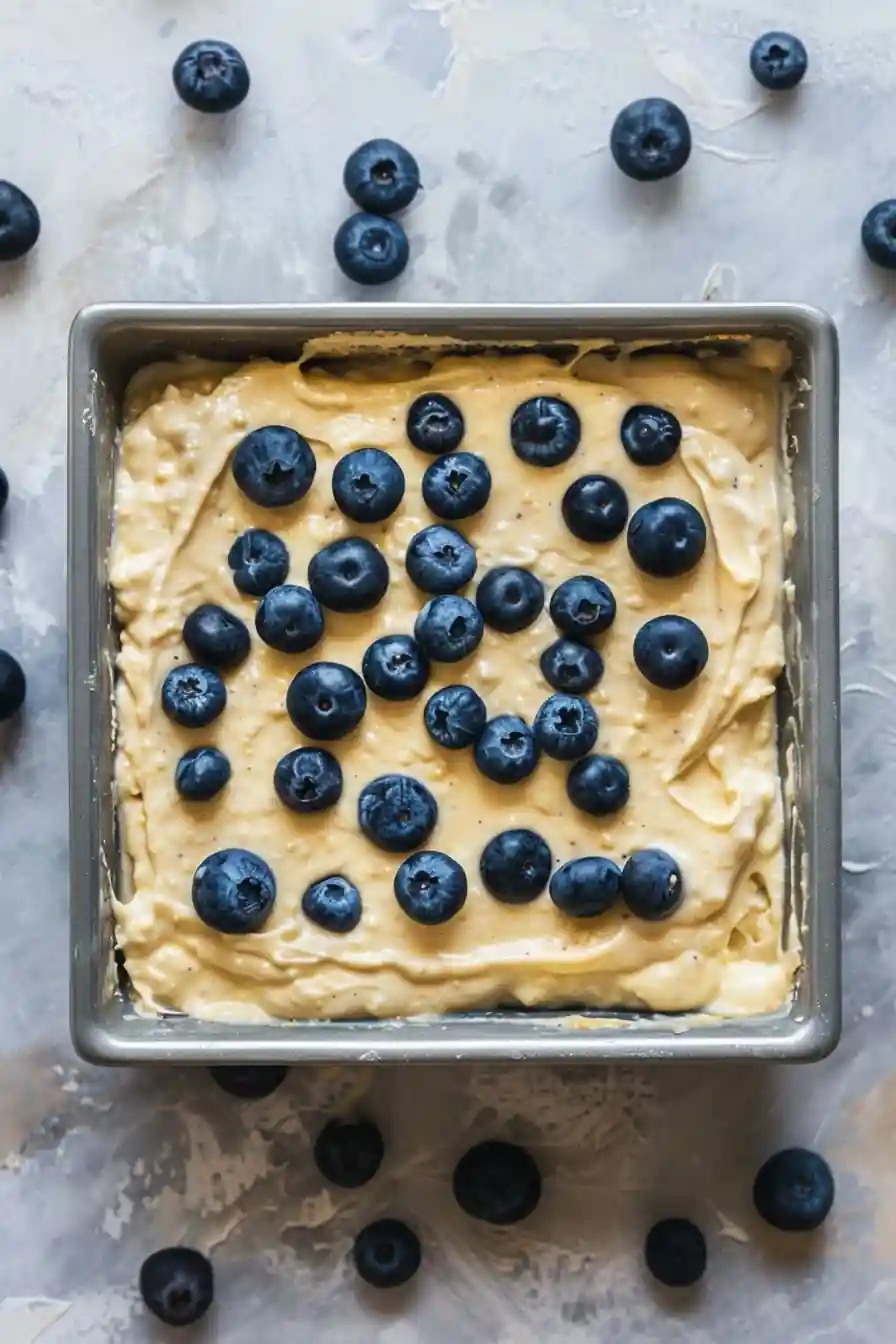 Raw blueberry cottage cheese breakfast batter in square pan