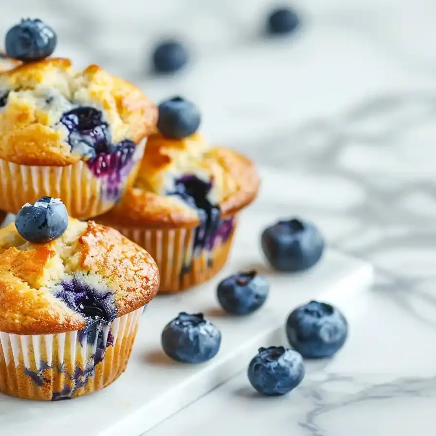 Freshly baked blueberry cottage cheese muffins stacked with juicy blueberries