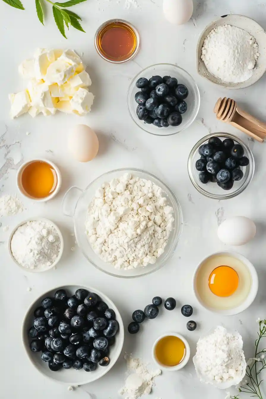 Ingredients for blueberry cottage cheese muffins flat laid on a white background