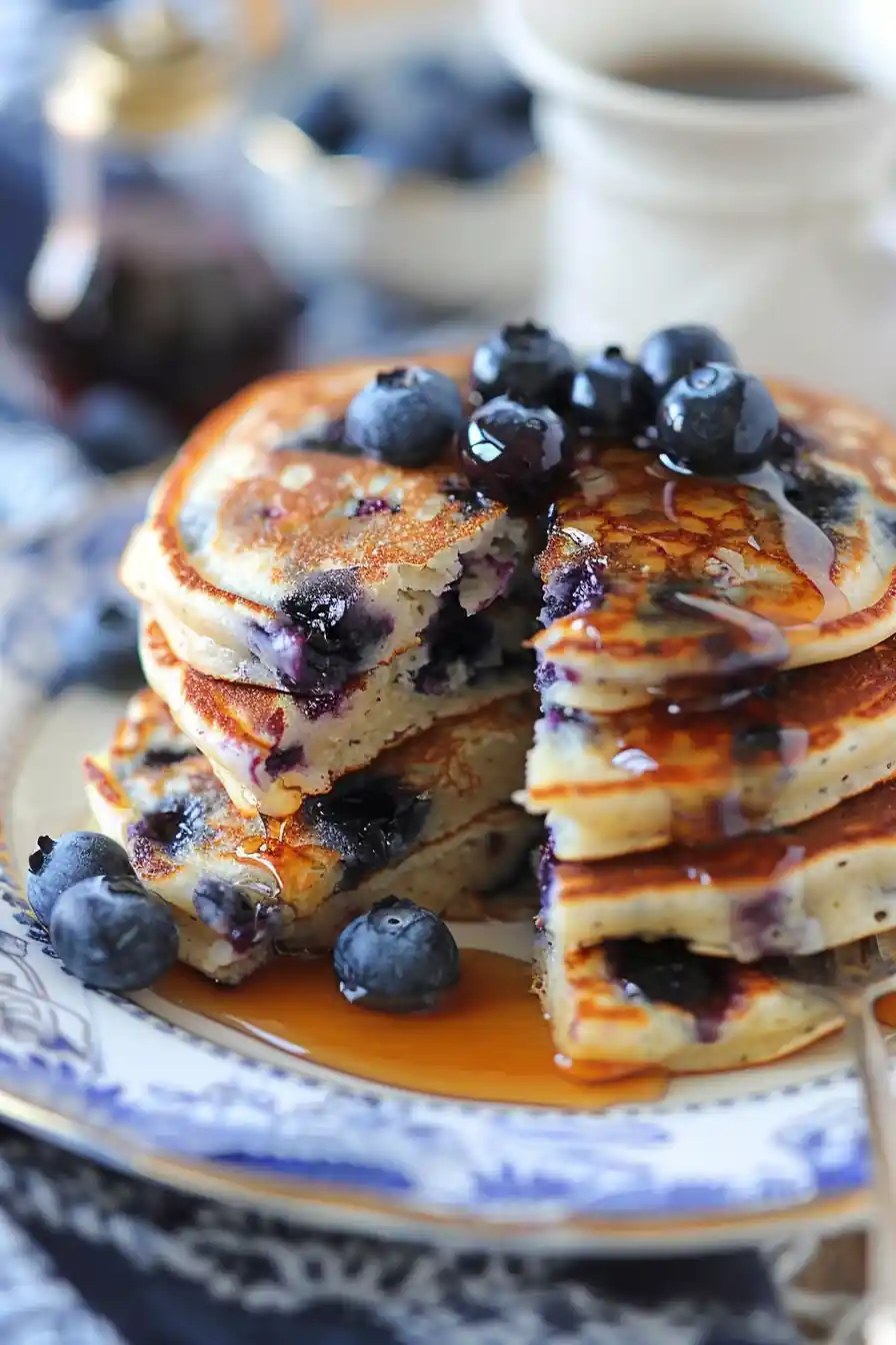 Fluffyblueberry cottage cheese pancakes stack cut to show center