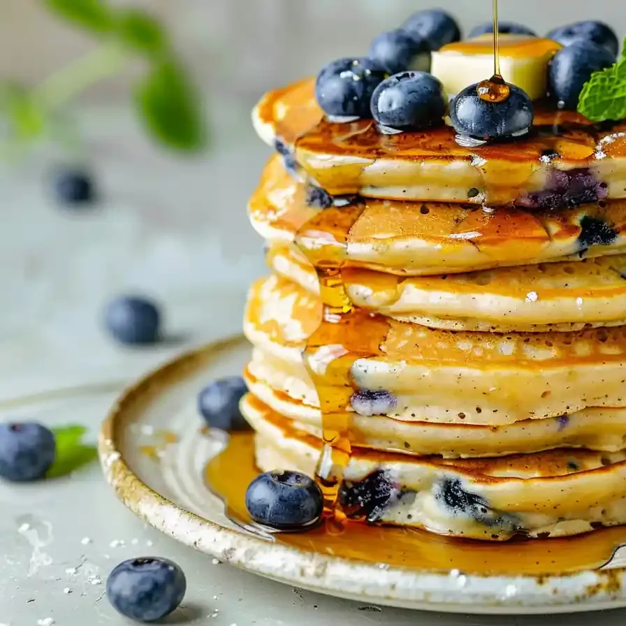 Fluffy blueberry cottage cheese pancakes stacked with maple syrup