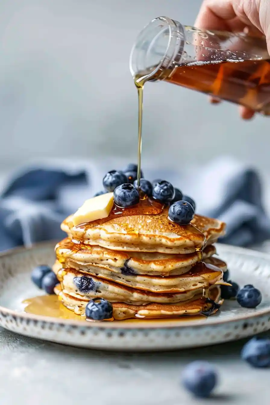 Syrup stream over a stack of blueberry cottage cheese pancakes