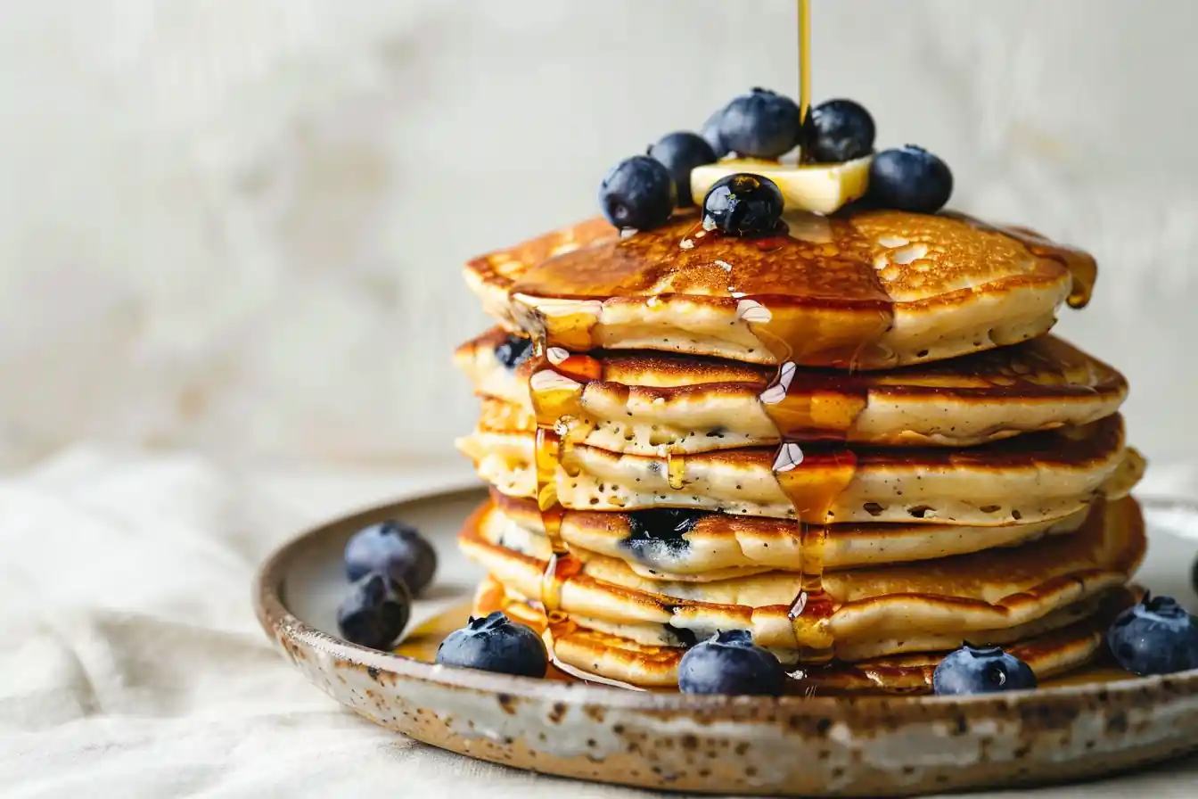 Pouring maple syrup on blueberry cottage cheese pancakes
