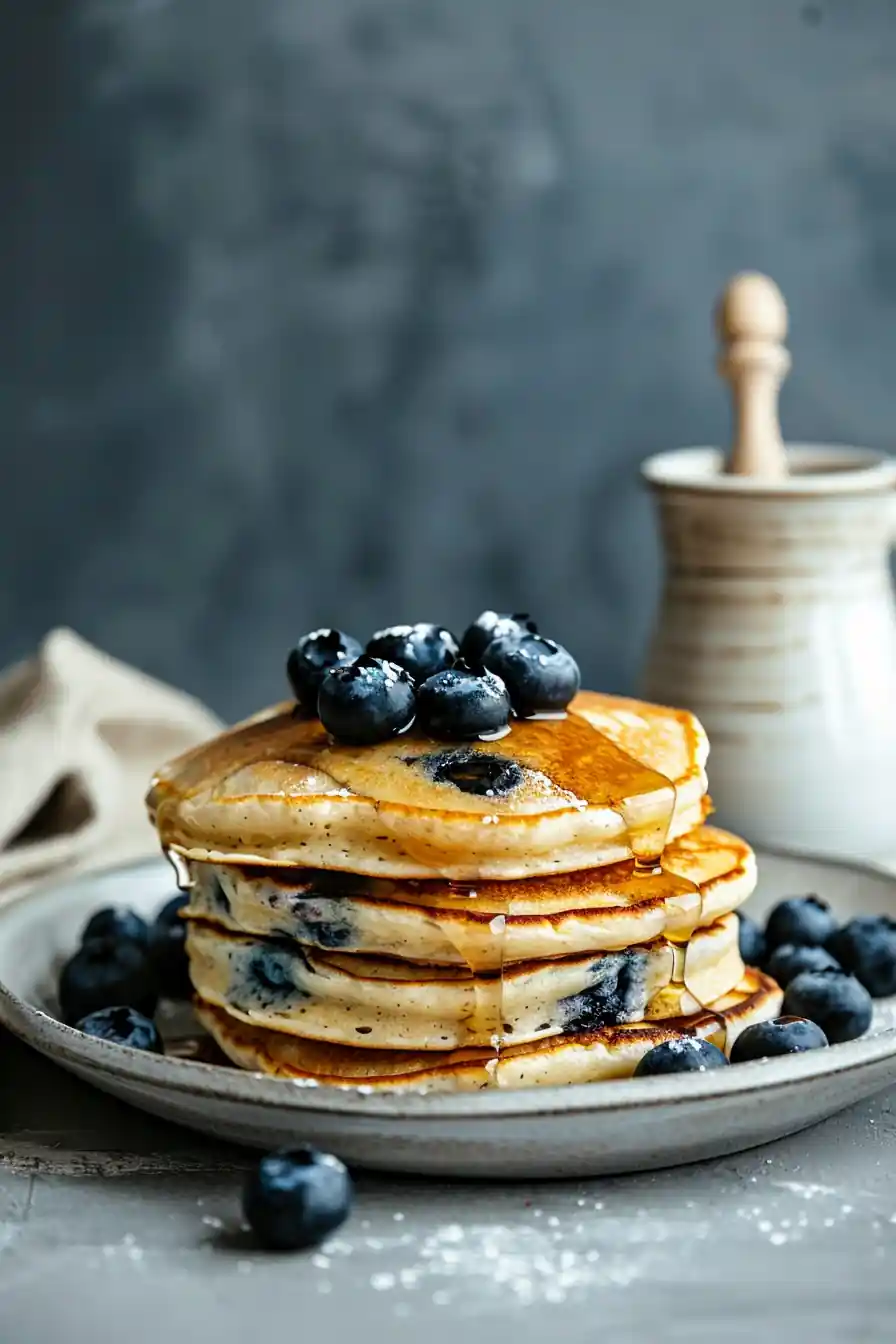 Fluffy blueberry cottage cheese pancakes on a rustic plate