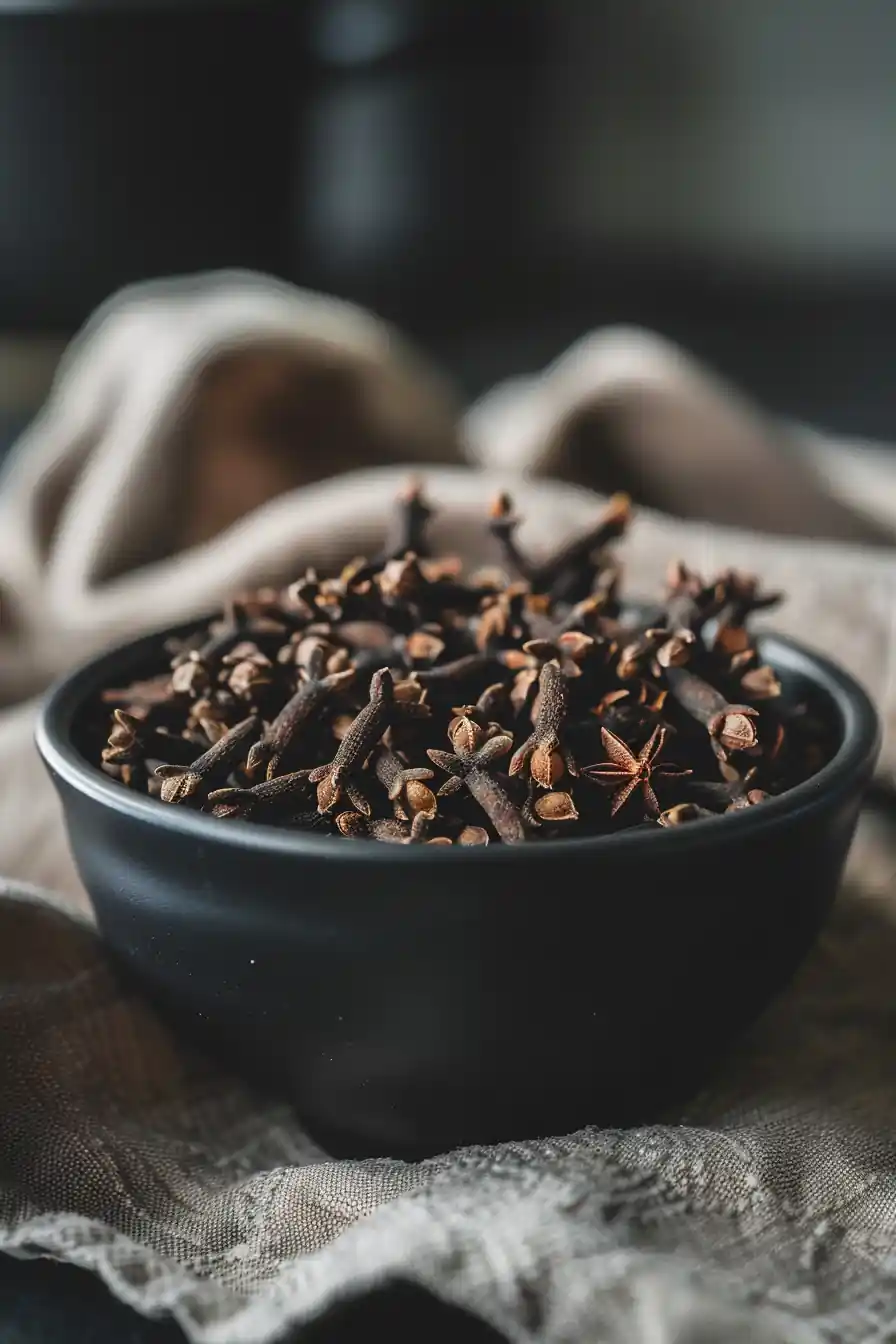 Black bowl of dried cloves on linen cloth