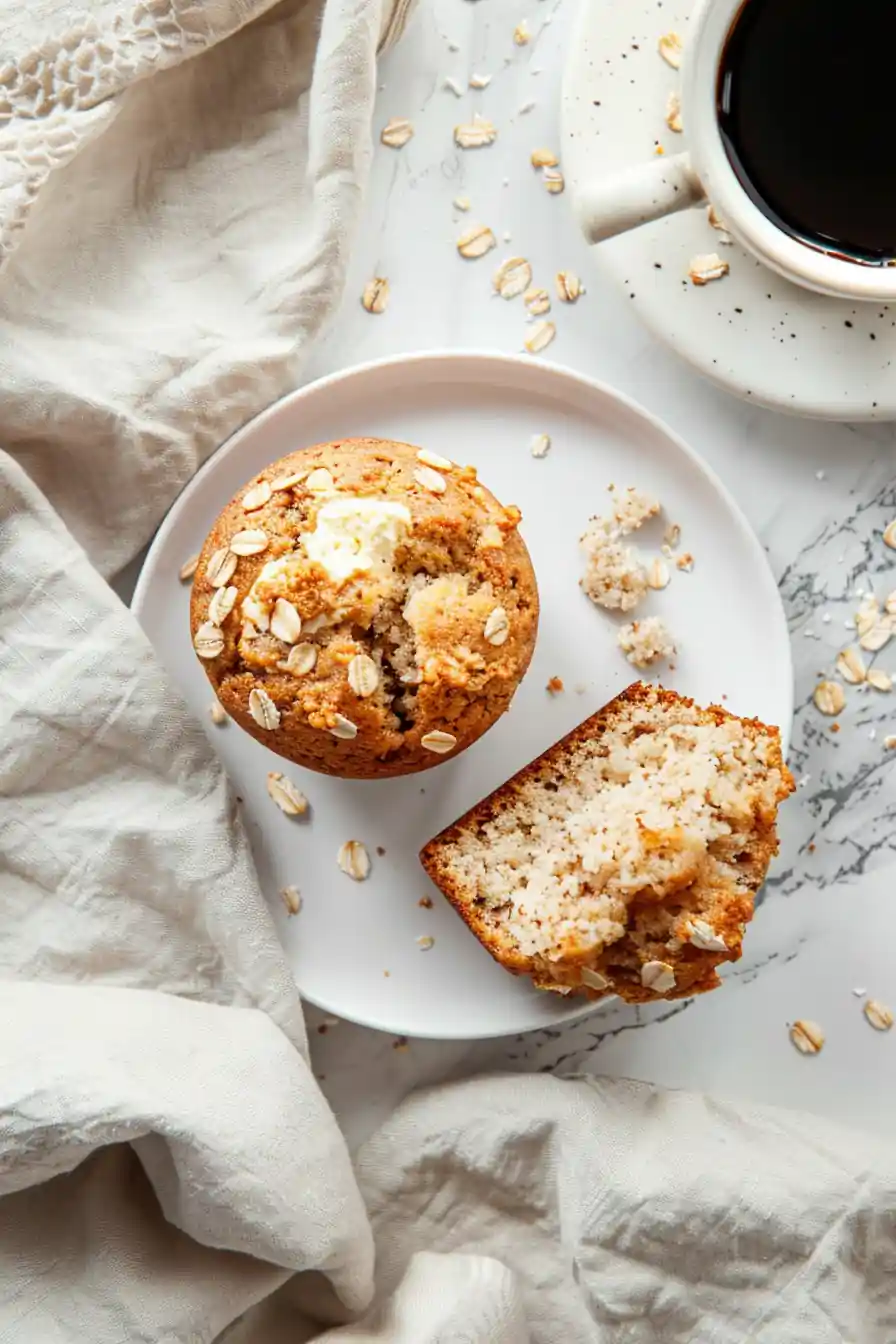 cottage cheese oat Muffin on a plate with coffee