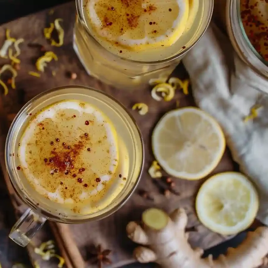 Lemon ginger tea with cinnamon stick on a dark wood background