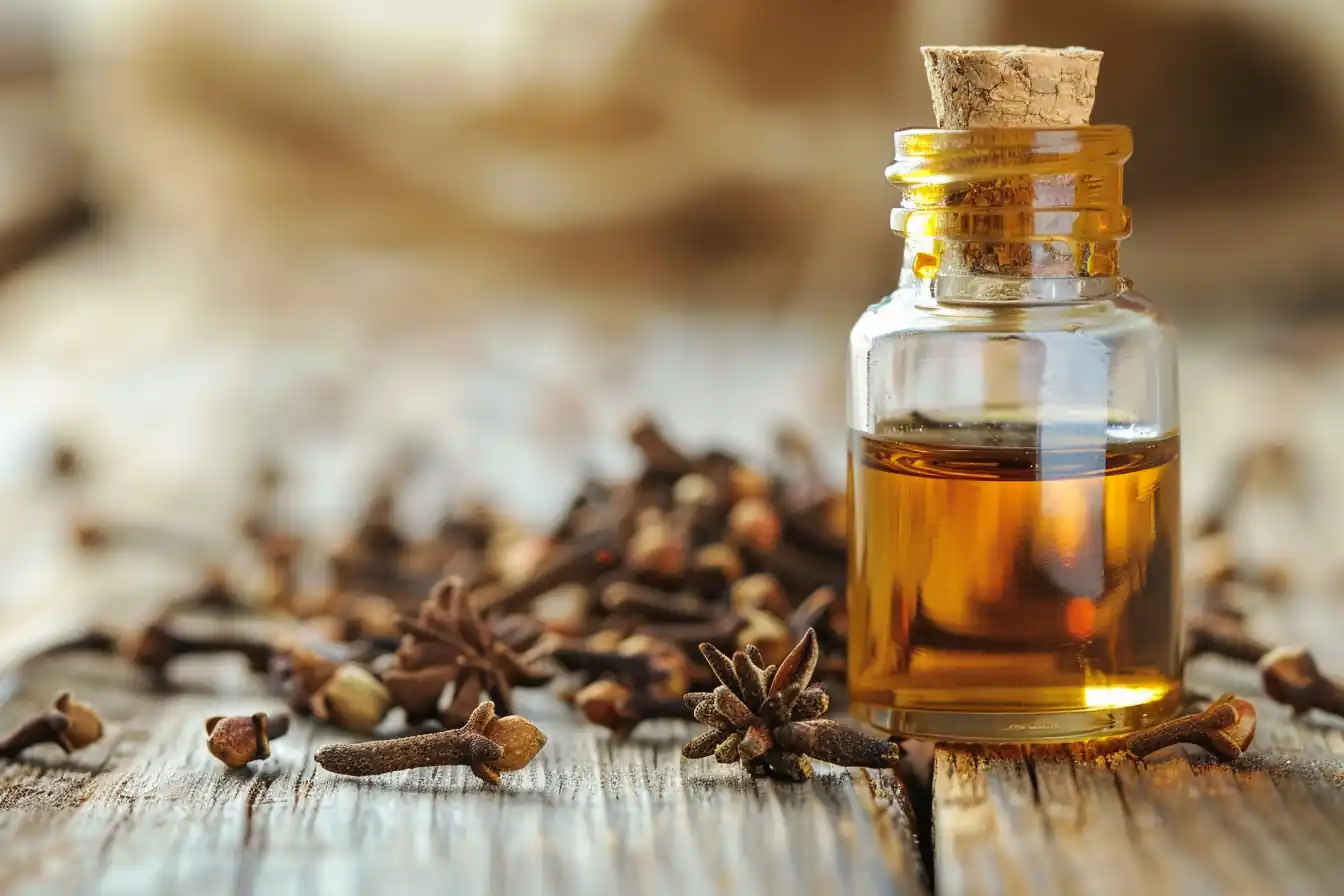 Natural clove oil in glass bottle with background of loose cloves