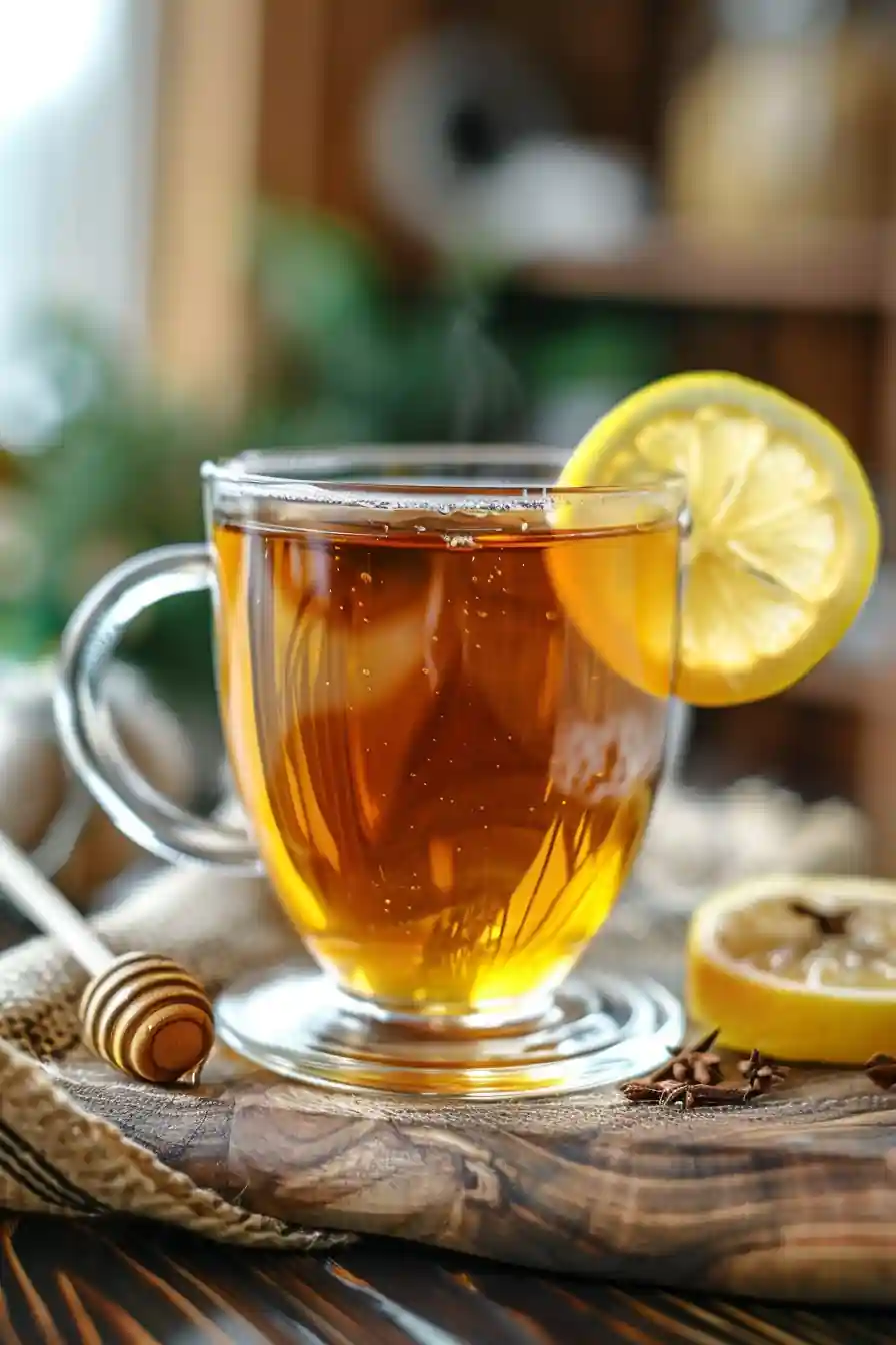 Glass teapot of clove tea steaming under sunlight with flowers