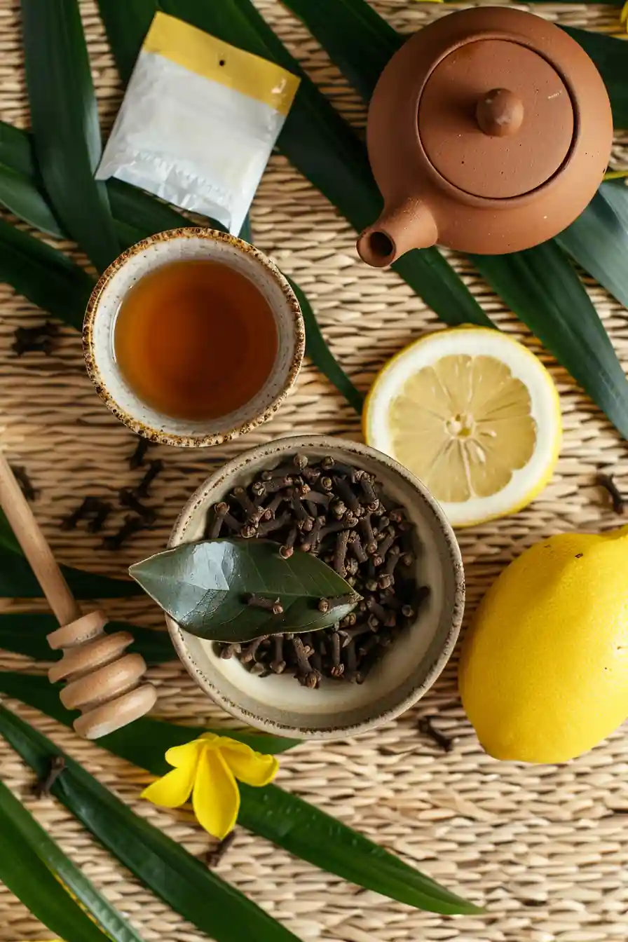 Clove tea recipe ingredients: Clove tea in a clear mug with cinnamon sticks, lemon, and honey