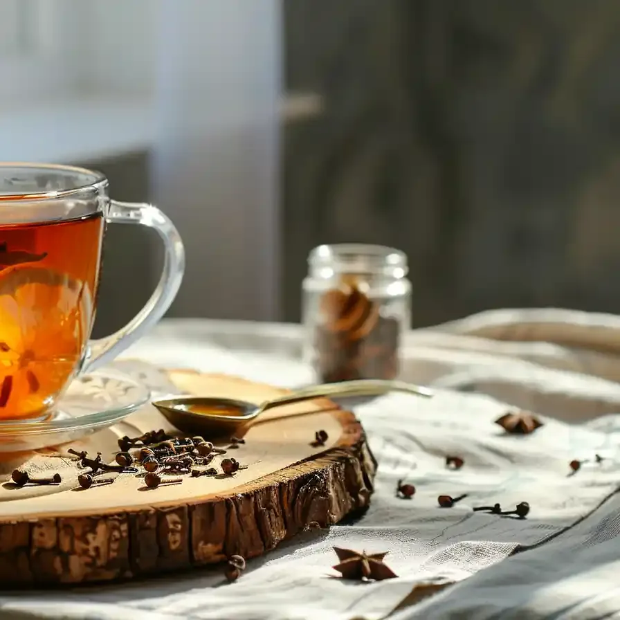 Glass cup of clove tea recipe with lemon slice and honey dipper
