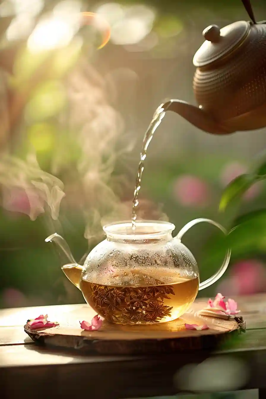 Hot water being poured into a glass teapot with cloves