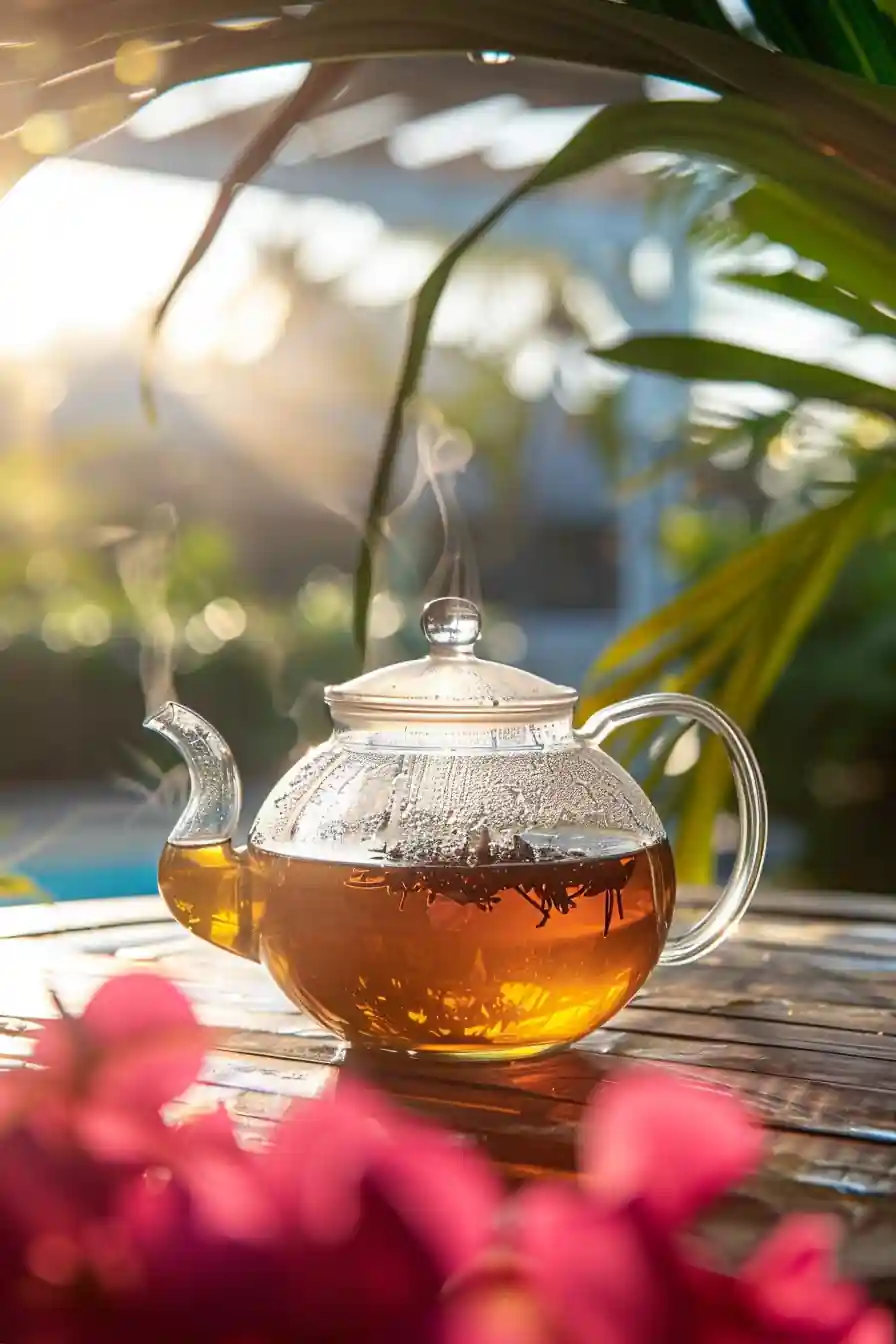 Clove tea steeping in a glass teapot on a wooden table