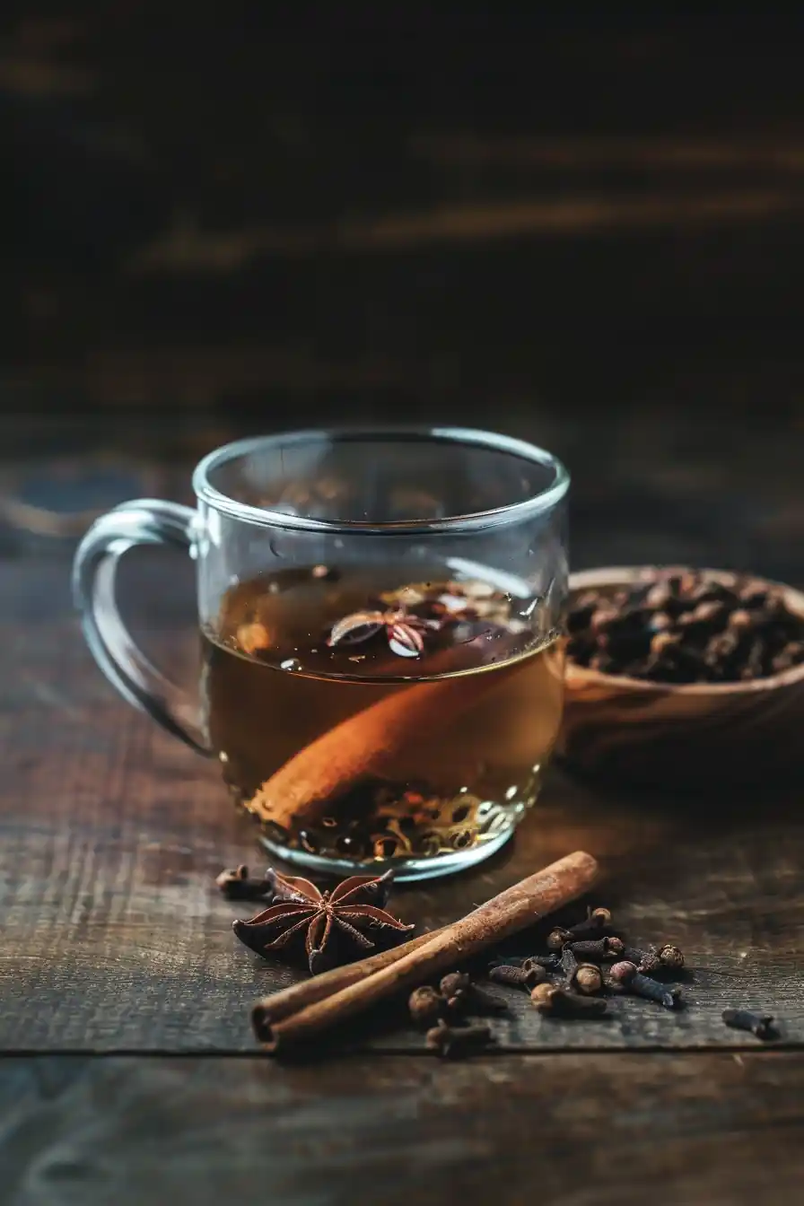 Clove water simmered with cinnamon and star anise in a glass mug