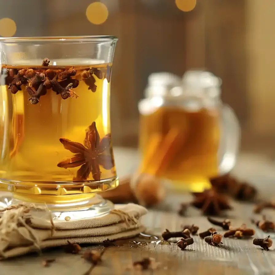 Clove water with floating cloves and star anise in clear glass