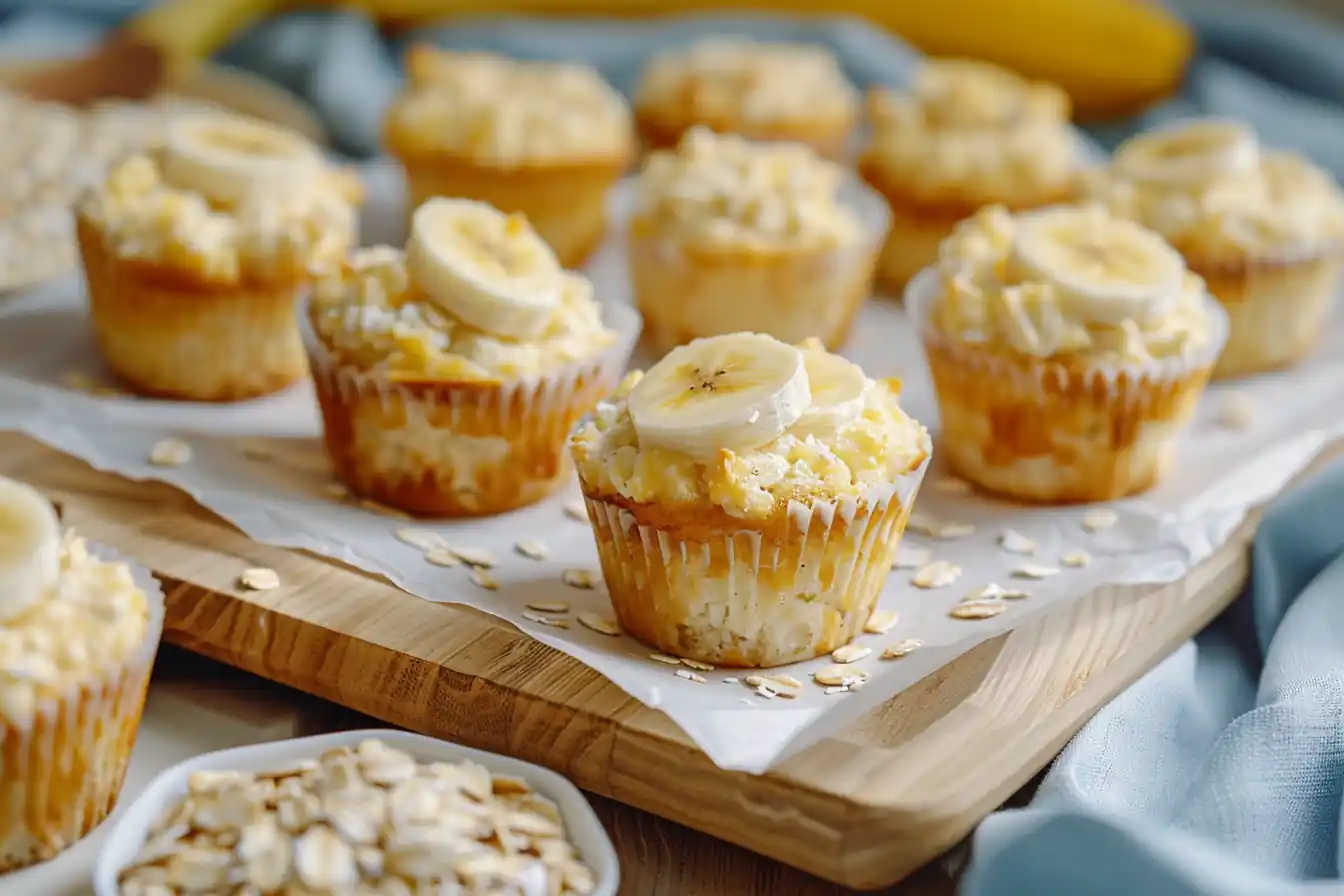 Cottage cheese banana muffins topped with fresh banana slices on a wooden board