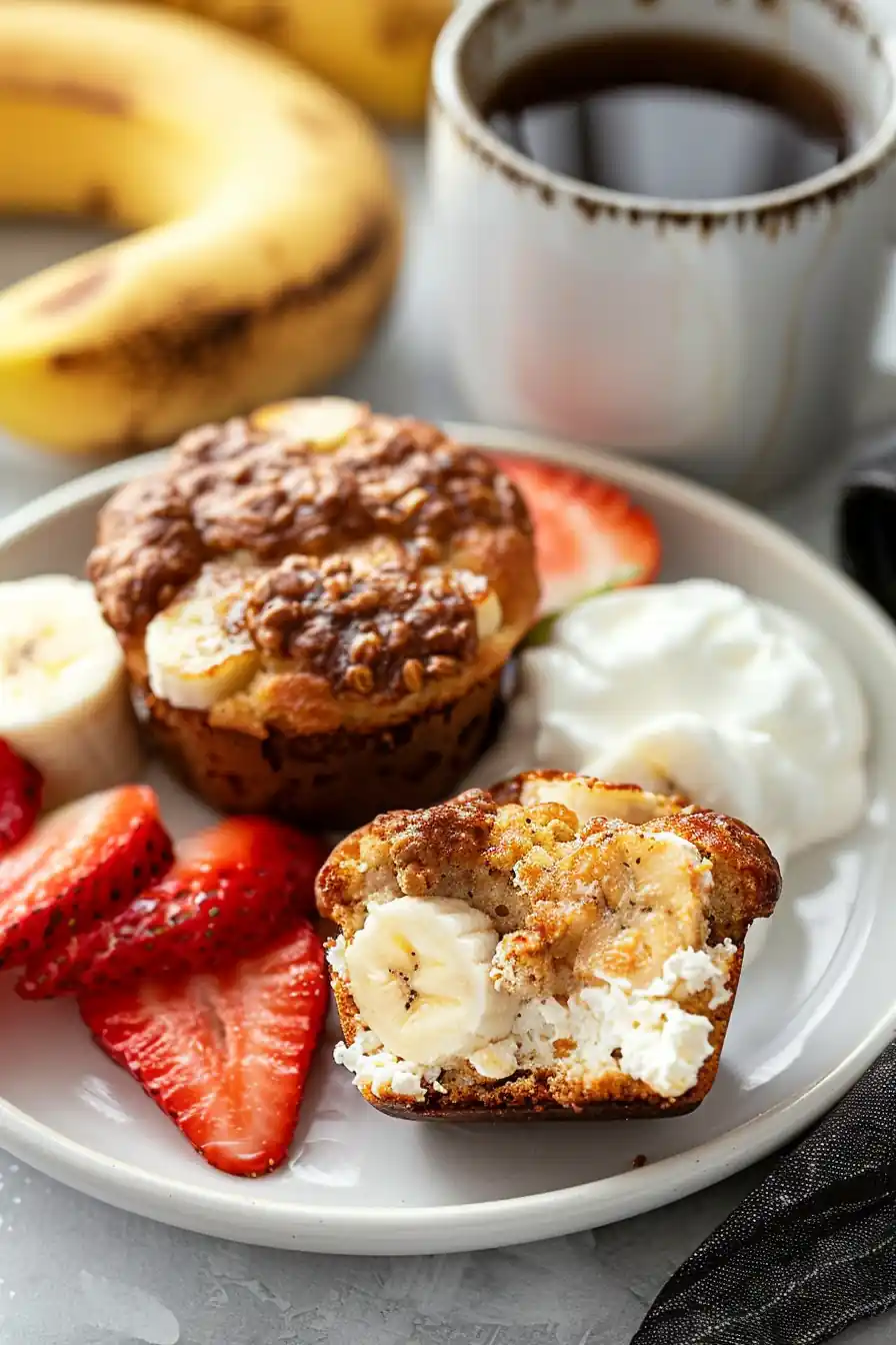Breakfast plate with cottage cheese banana muffins, fruit, and yogurt