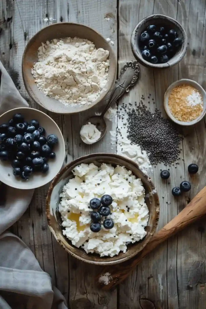 3 Ingredient Cottage Cheese Blueberry Biscuits: High-Protein, No Fuss, All Flavor 7 ingredients for blueberry cottage cheese biscuits on wooden table
