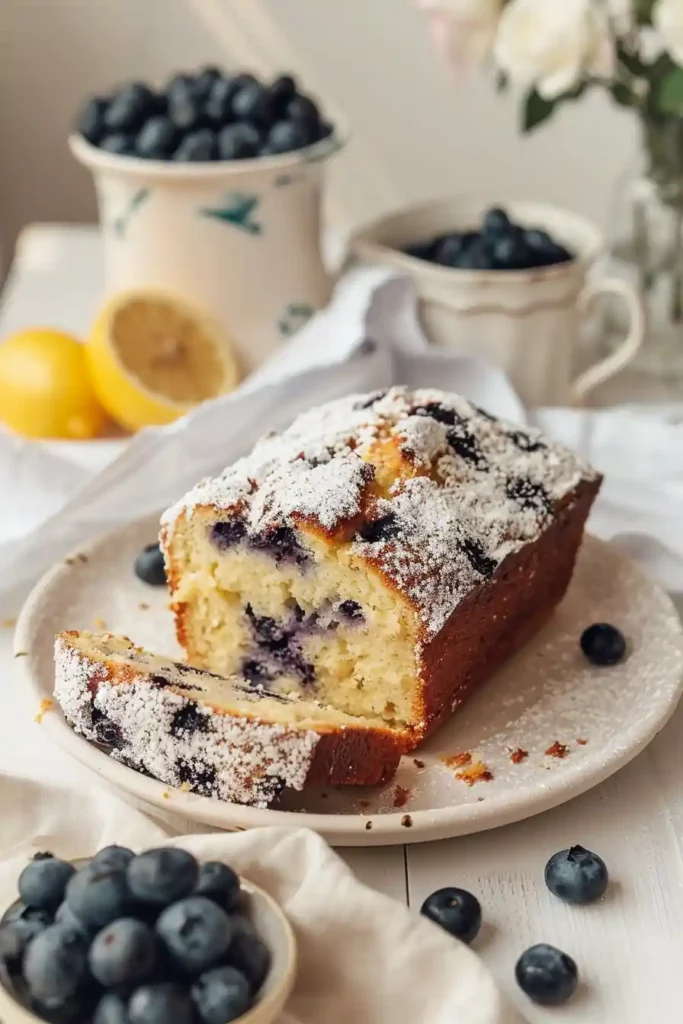Healthy Lemon Blueberry Cottage Cheese Loaf 12 Blueberry cottage cheese loaf slice served on plate