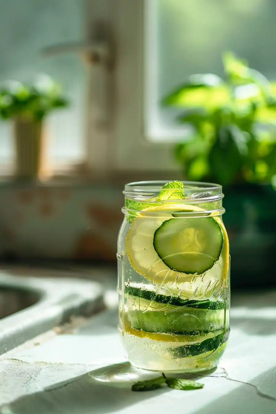 Lemon ginger cucumber water in a mason jar by a sunny kitchen window