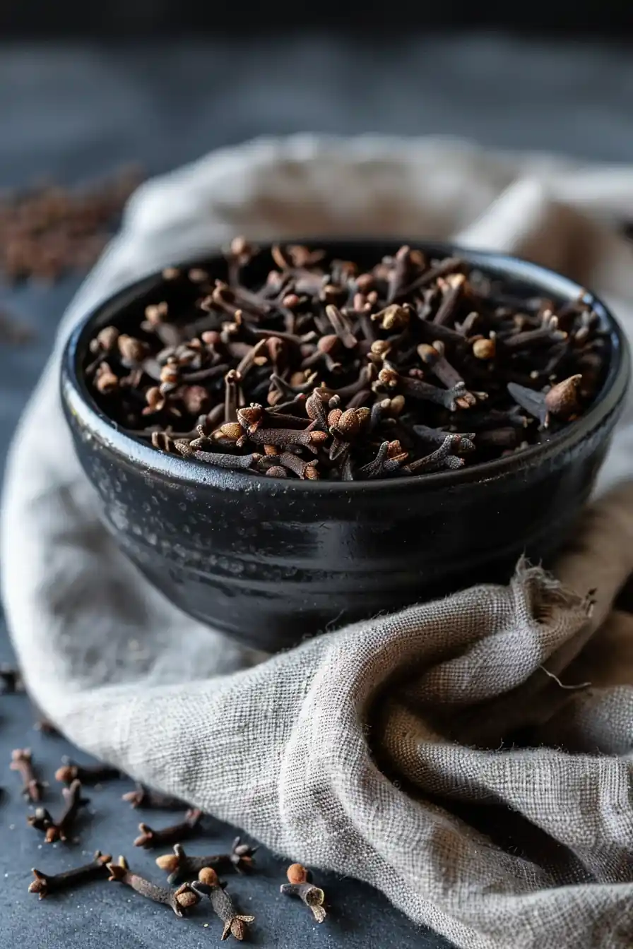 Rustic bowl of dried cloves for clove water preparation