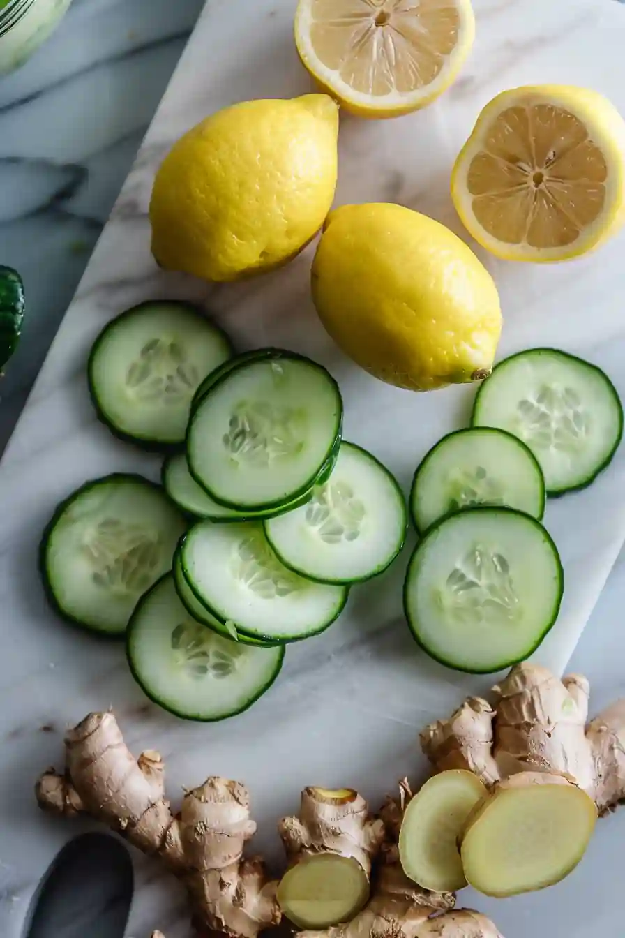 Overhead shot of lemons, ginger, and cucumber on cutting board