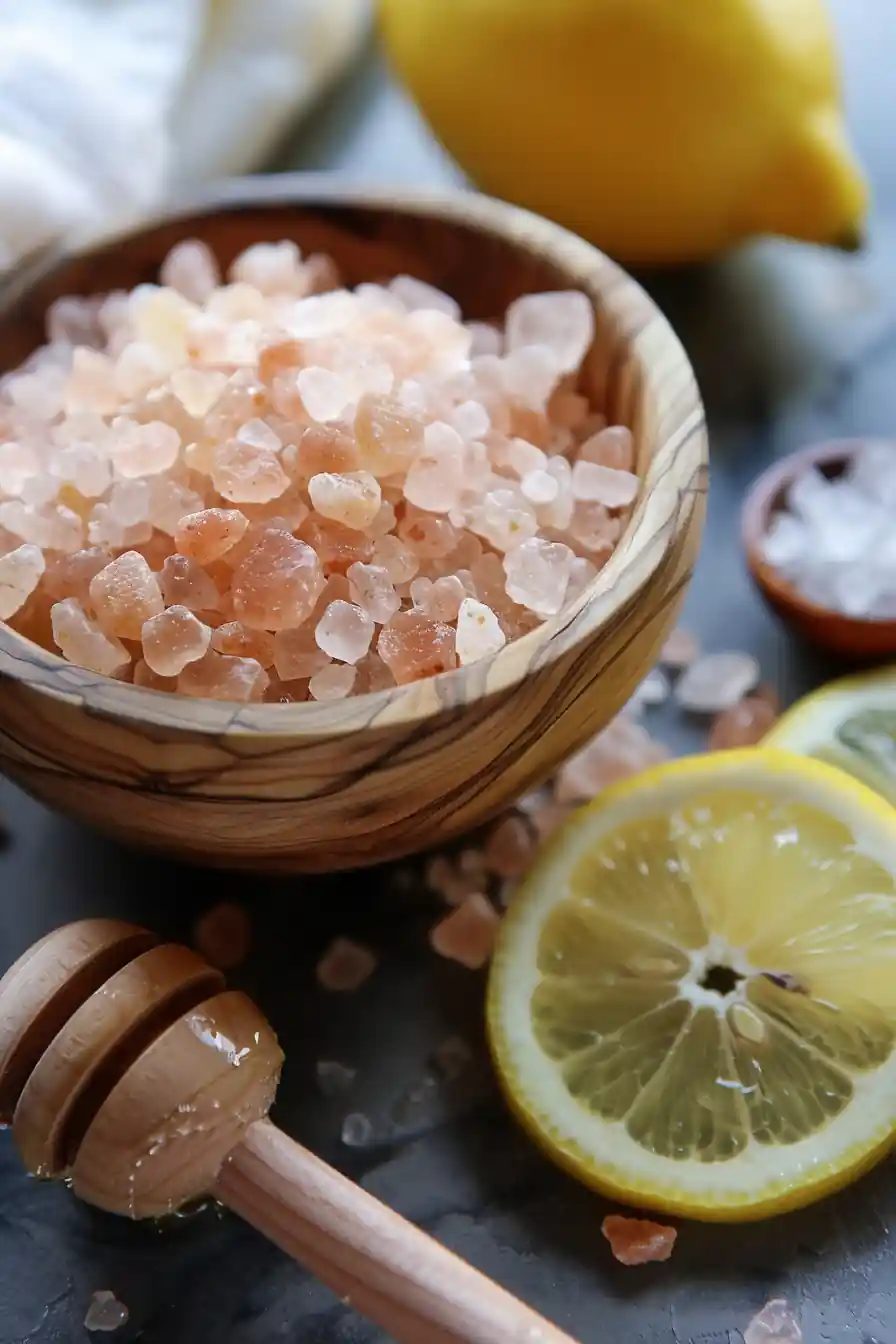 Flatlay of lemons, pink salt, raw honey and herbs on wood board