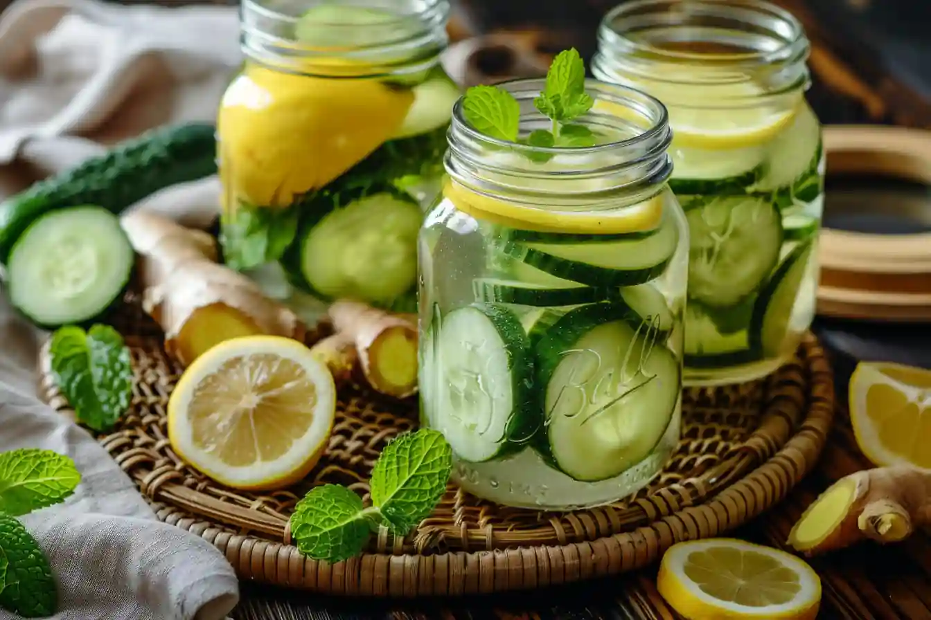 Three jars of lemon ginger cucumber water garnished with mint