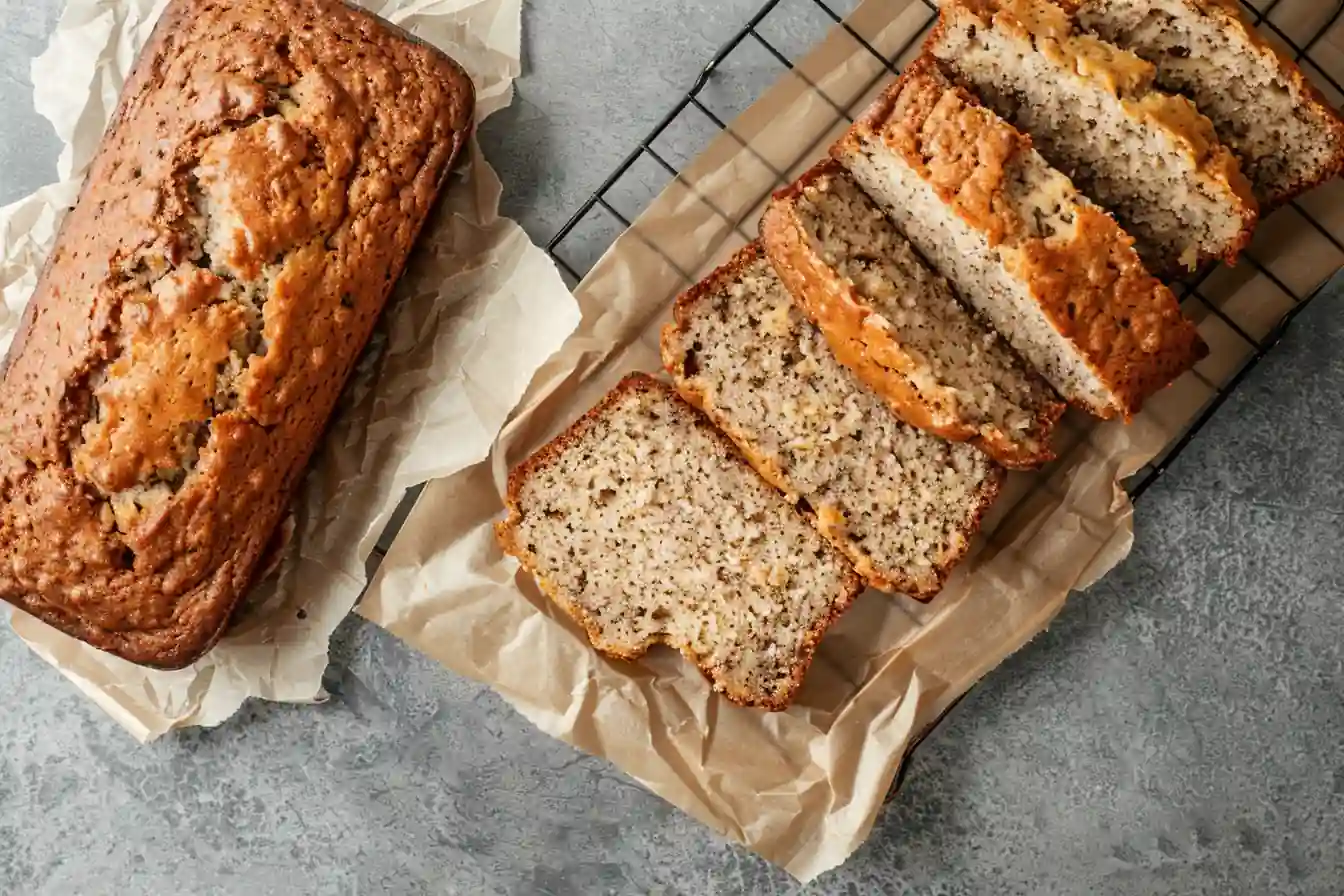 Baked banana bread with crackled top in loaf pan