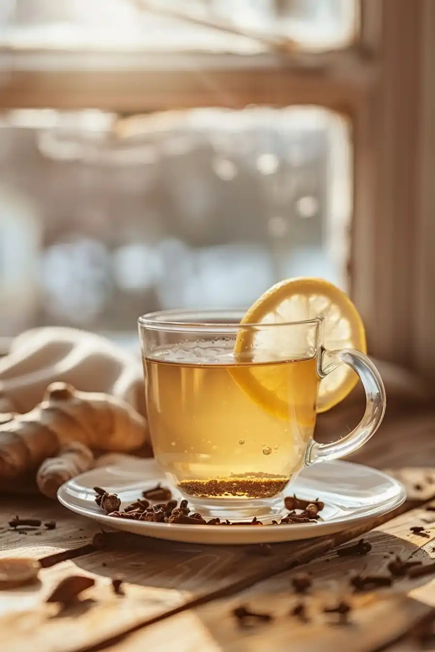 glass of cloves tea near window in warm light