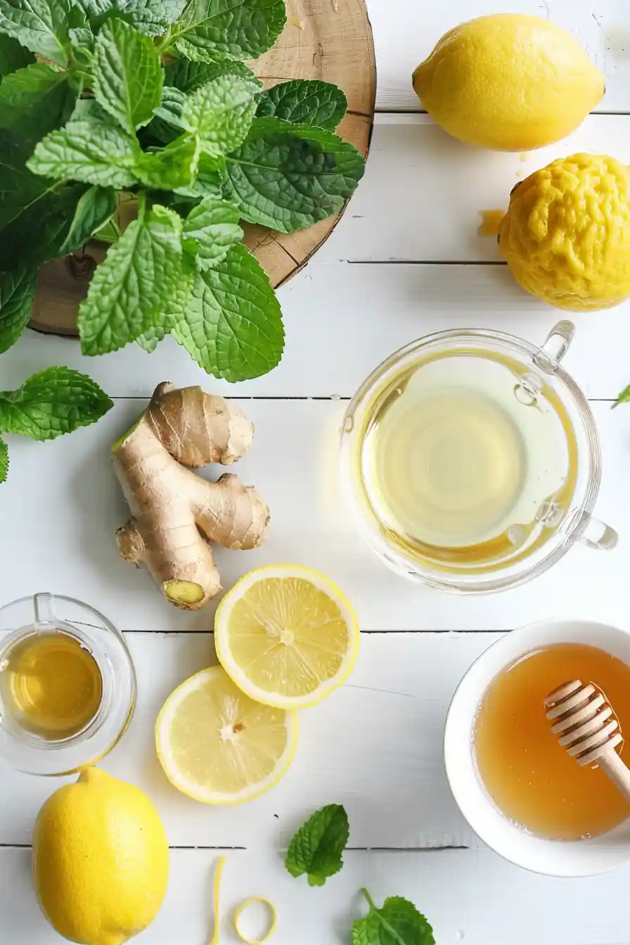 Top view of lemon balm weight loss ingredients including lemon, ginger, and honey