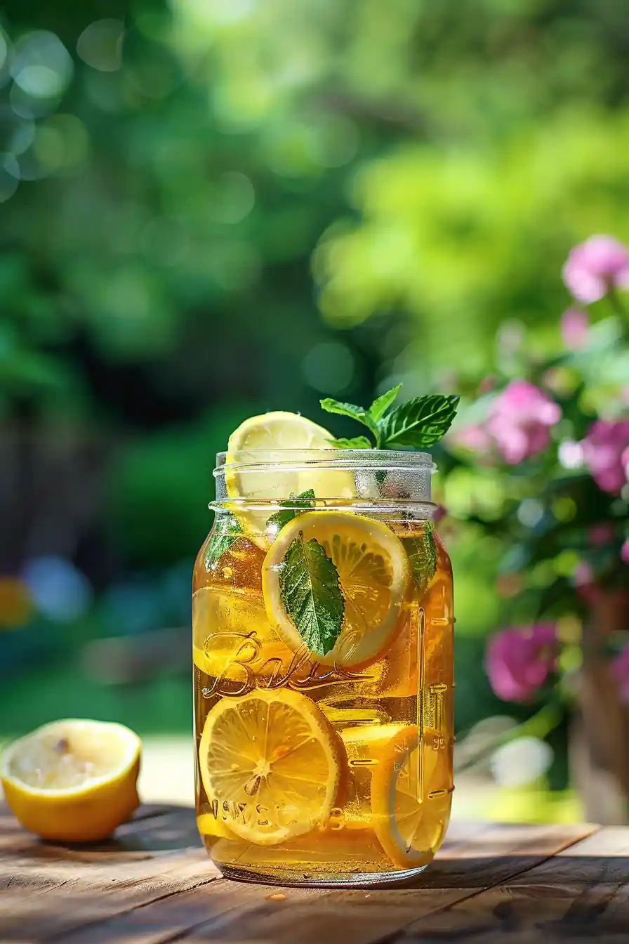 Lemon balm tea in mason jar for weight loss with summer flowers in the background
