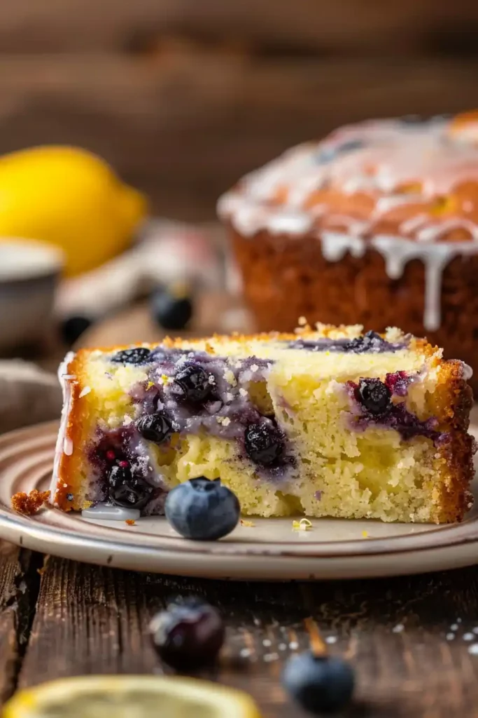 Healthy Lemon Blueberry Cottage Cheese Loaf 9 Close-up slice of lemon blueberry cottage cheese loaf with glaze