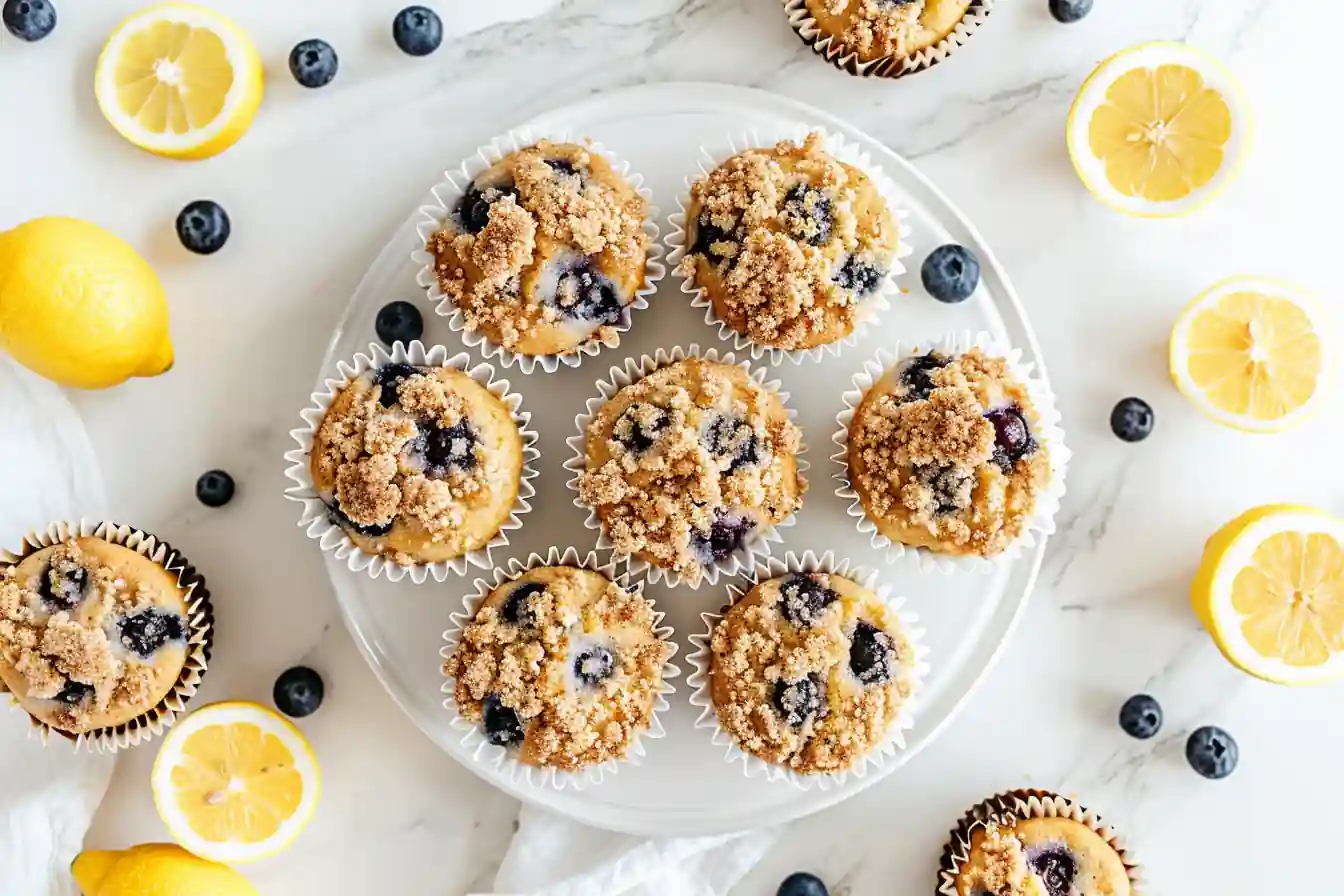 Close-up of a streusel-topped blueberry cottage cheese muffin