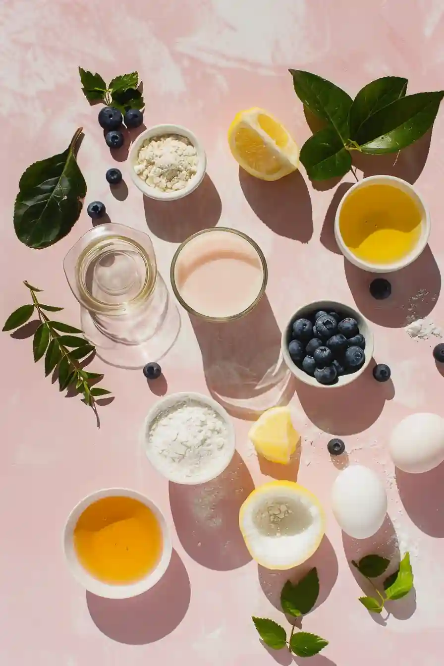 Ingredients for lemon blueberry cottage cheese muffins on pink background