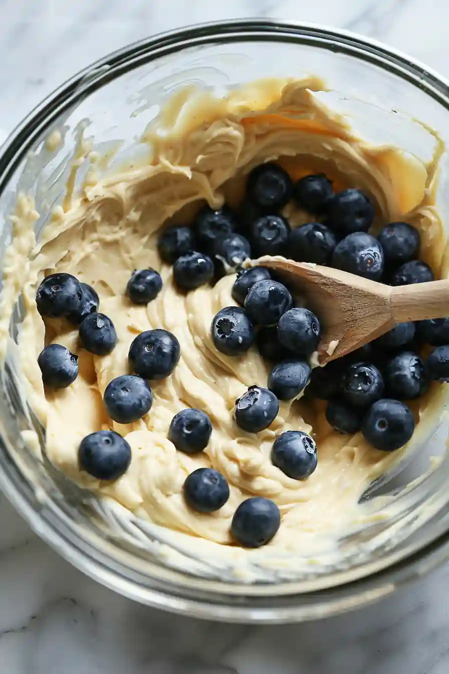Muffin batter with blueberries in a mixing bowl