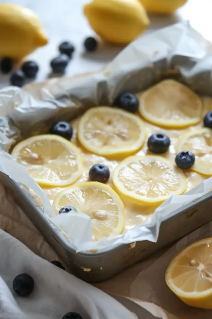Healthy Lemon Blueberry Cottage Cheese Loaf 11 Lemon blueberry loaf batter topped with lemon slices in pan