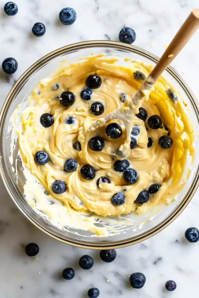 Healthy Lemon Blueberry Cottage Cheese Loaf 10 Batter for blueberry cottage cheese loaf being mixed in bowl
