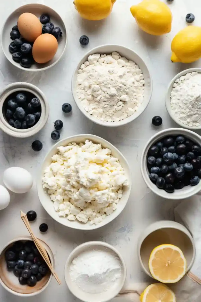 Healthy Lemon Blueberry Cottage Cheese Loaf 8 Ingredients for lemon blueberry cottage cheese loaf on white background