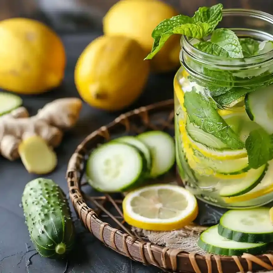 Mason jar with lemon, ginger, cucumber, and fresh mint leaves