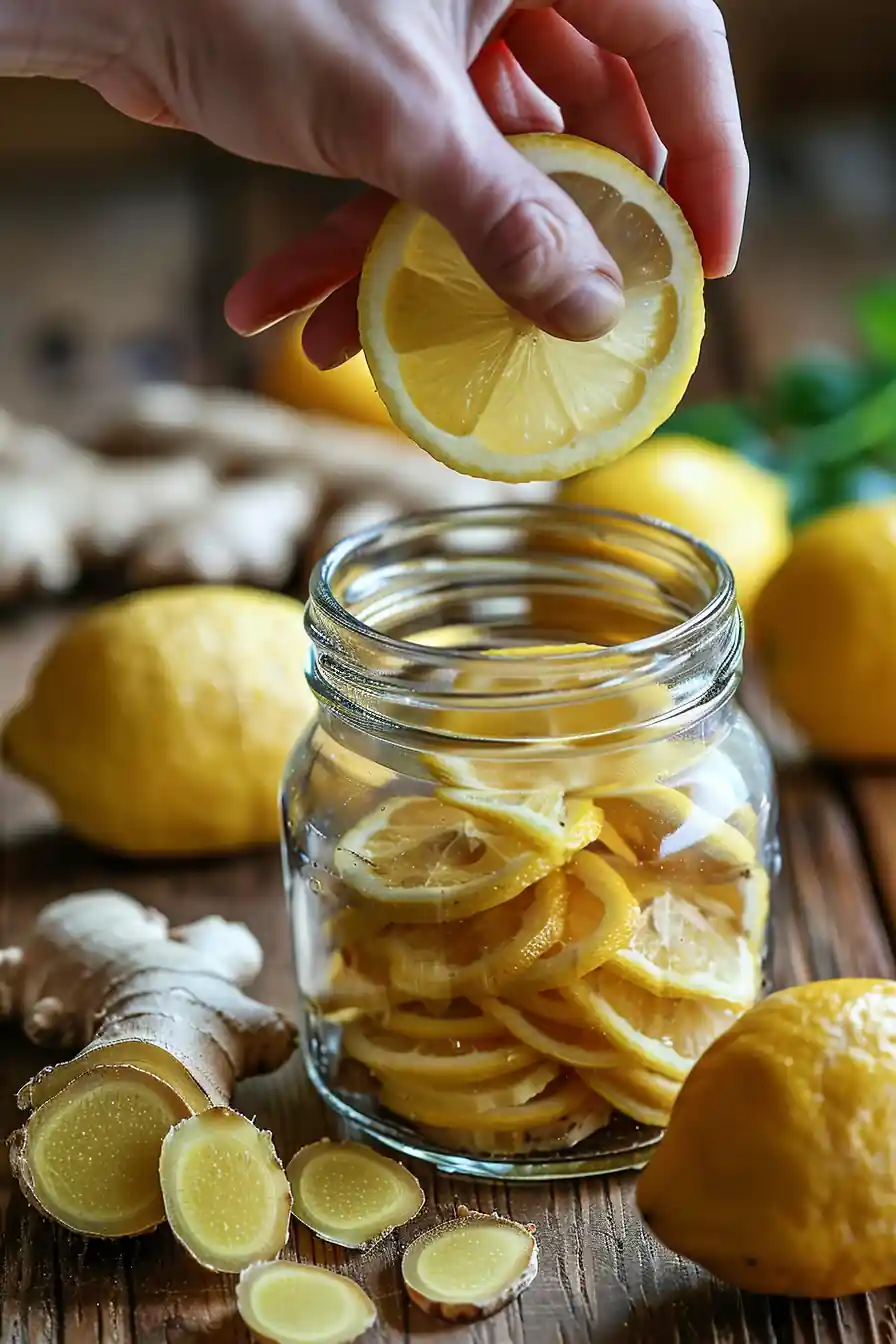 Hand adding lemon slice to lemon ginger ferment jar