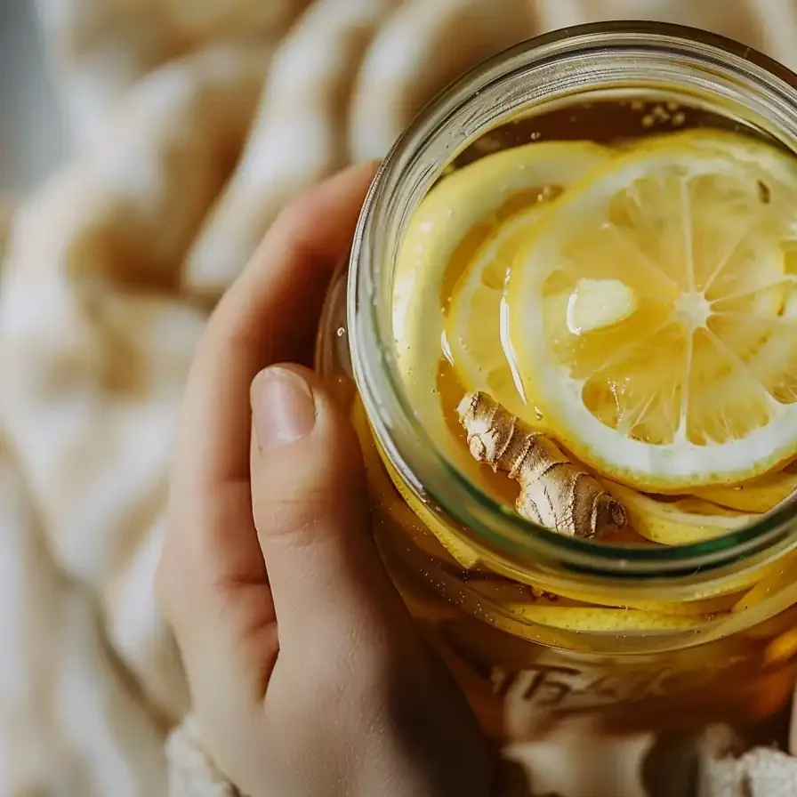 Top-down view of lemon ginger ferment recipe held in hands