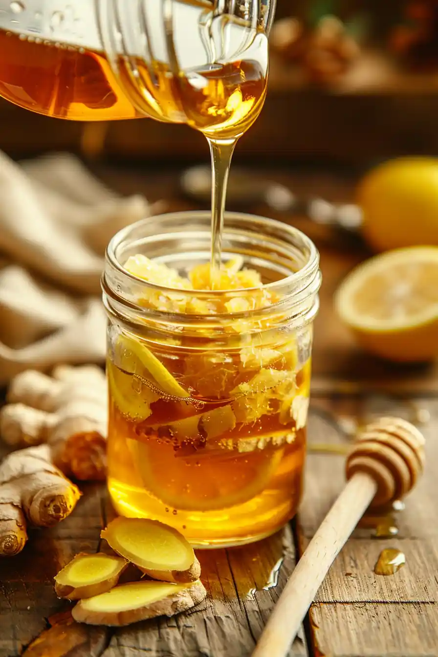 Pouring honey over lemon and ginger in a jar