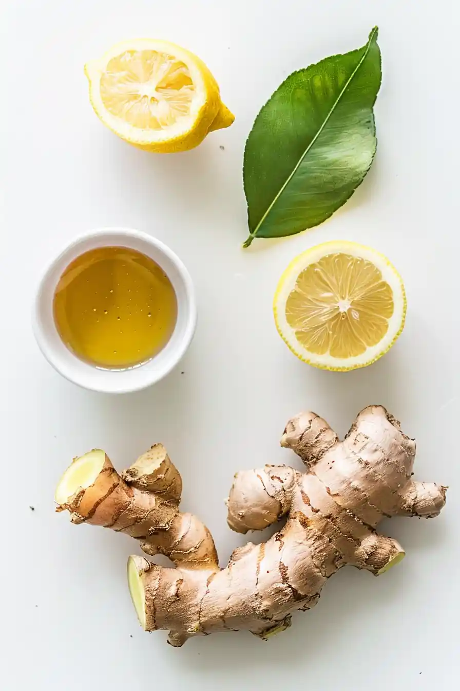 Flat lay of ginger root, lemon halves, honey, and a leaf