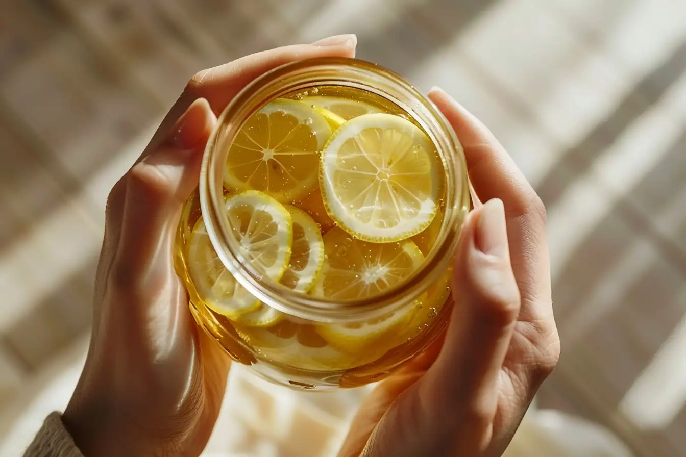 Close-up of lemon ginger ferment recipe in a cozy hand-held jar